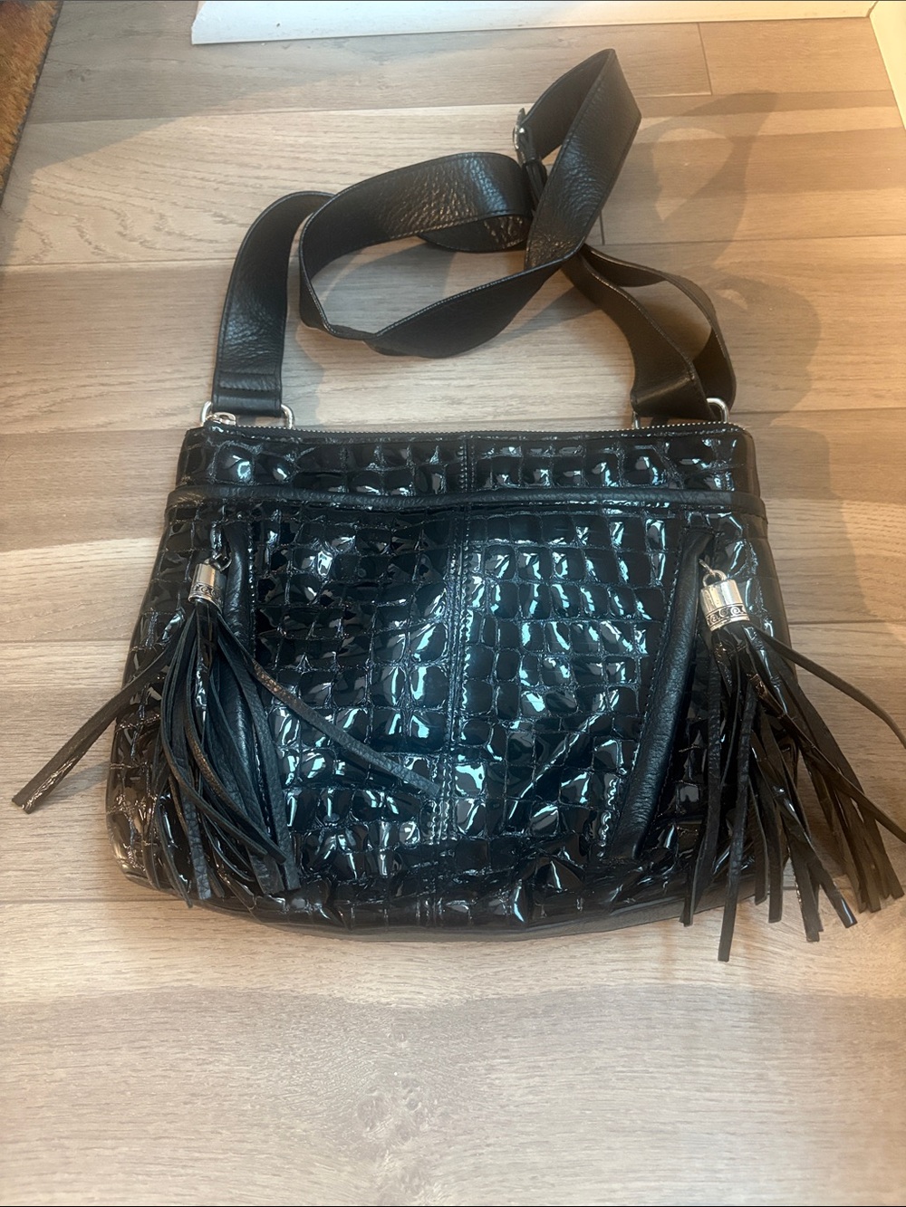 Brighton Black Croc-Embossed Tassel Crossbody Bag